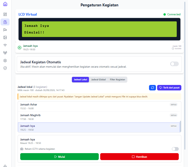 Pengaturan kegiatan: daftar jadwal jamaah Ashar, Maghrib, dan Isya lengkap dengan jam mulai dan selesai, di samping layar mesin dan tombol mulai serta hentikan.